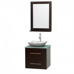 24 inch Single Bathroom Vanity in Espresso, Green Glass Countertop, Avalon White Carrera Marble Sink, and 24 inch Mirror