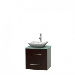 24 inch Single Bathroom Vanity in Espresso, Green Glass Countertop, Avalon White Carrera Marble Sink, and No Mirror