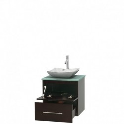 24 inch Single Bathroom Vanity in Espresso, Green Glass Countertop, Avalon White Carrera Marble Sink, and No Mirror