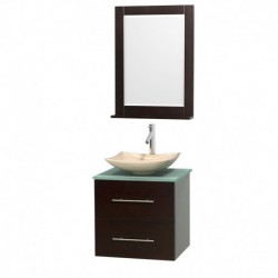 24 inch Single Bathroom Vanity in Espresso, Green Glass Countertop, Arista Ivory Marble Sink, and 24 inch Mirror