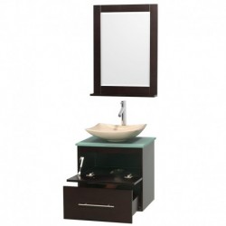 24 inch Single Bathroom Vanity in Espresso, Green Glass Countertop, Arista Ivory Marble Sink, and 24 inch Mirror