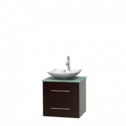 24 inch Single Bathroom Vanity in Espresso, Green Glass Countertop, Arista White Carrera Marble Sink, and No Mirror