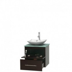 24 inch Single Bathroom Vanity in Espresso, Green Glass Countertop, Arista White Carrera Marble Sink, and No Mirror