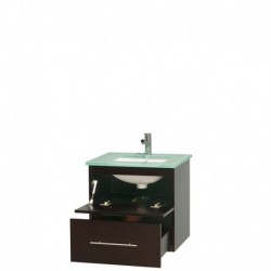 24 inch Single Bathroom Vanity in Espresso, Green Glass Countertop, Undermount Square Sink, and No Mirror