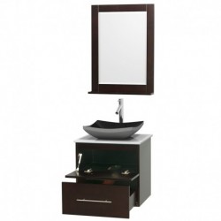 24 inch Single Bathroom Vanity in Espresso, White Man-Made Stone Countertop, Altair Black Granite Sink, and 24 inch Mirror