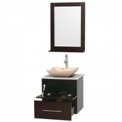 24 inch Single Bathroom Vanity in Espresso, White Man-Made Stone Countertop, Avalon Ivory Marble Sink, and 24 inch Mirror