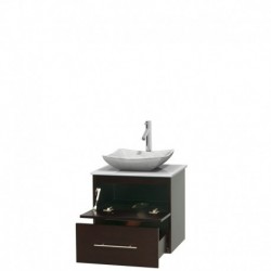24 inch Single Bathroom Vanity in Espresso, White Man-Made Stone Countertop, Avalon White Carrera Marble Sink, and No Mirror