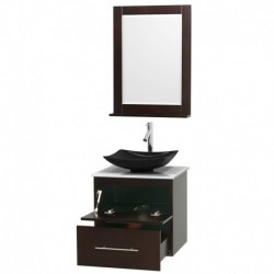 24 inch Single Bathroom Vanity in Espresso, White Man-Made Stone Countertop, Arista Black Granite Sink, and 24 inch Mirror