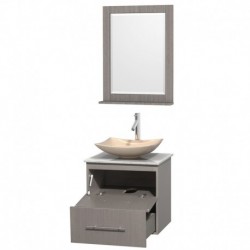 24 inch Single Bathroom Vanity in Gray Oak, White Carrera Marble Countertop, Arista Ivory Marble Sink, and 24 inch Mirror
