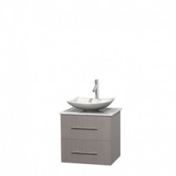 24 inch Single Bathroom Vanity in Gray Oak, White Carrera Marble Countertop, Arista White Carrera Marble Sink, and No Mirror