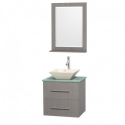 24 inch Single Bathroom Vanity in Gray Oak, Green Glass Countertop, Pyra Bone Porcelain Sink, and 24 inch Mirror
