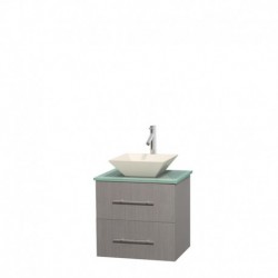 24 inch Single Bathroom Vanity in Gray Oak, Green Glass Countertop, Pyra Bone Porcelain Sink, and No Mirror