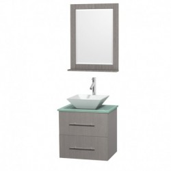 24 inch Single Bathroom Vanity in Gray Oak, Green Glass Countertop, Pyra White Porcelain Sink, and 24 inch Mirror