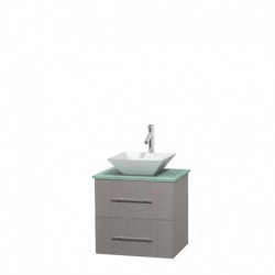 24 inch Single Bathroom Vanity in Gray Oak, Green Glass Countertop, Pyra White Porcelain Sink, and No Mirror