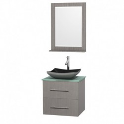 24 inch Single Bathroom Vanity in Gray Oak, Green Glass Countertop, Altair Black Granite Sink, and 24 inch Mirror