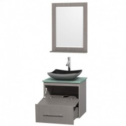 24 inch Single Bathroom Vanity in Gray Oak, Green Glass Countertop, Altair Black Granite Sink, and 24 inch Mirror