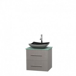 24 inch Single Bathroom Vanity in Gray Oak, Green Glass Countertop, Altair Black Granite Sink, and No Mirror