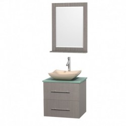 24 inch Single Bathroom Vanity in Gray Oak, Green Glass Countertop, Avalon Ivory Marble Sink, and 24 inch Mirror
