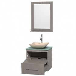 24 inch Single Bathroom Vanity in Gray Oak, Green Glass Countertop, Avalon Ivory Marble Sink, and 24 inch Mirror