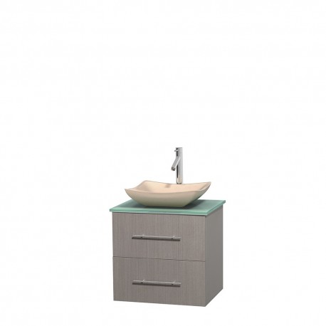 24 inch Single Bathroom Vanity in Gray Oak, Green Glass Countertop, Avalon Ivory Marble Sink, and No Mirror