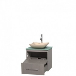 24 inch Single Bathroom Vanity in Gray Oak, Green Glass Countertop, Avalon Ivory Marble Sink, and No Mirror