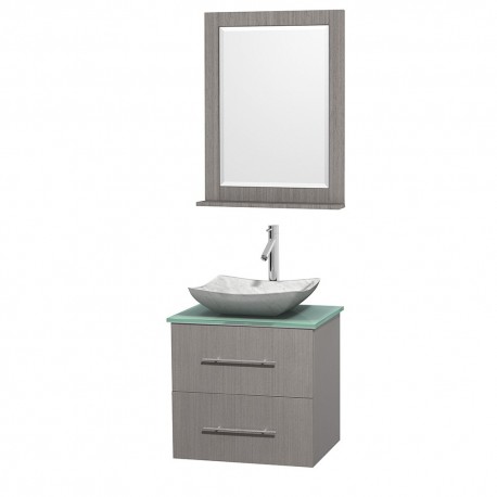 24 inch Single Bathroom Vanity in Gray Oak, Green Glass Countertop, Avalon White Carrera Marble Sink, and 24 inch Mirror