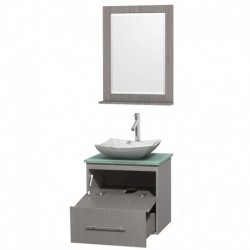 24 inch Single Bathroom Vanity in Gray Oak, Green Glass Countertop, Avalon White Carrera Marble Sink, and 24 inch Mirror