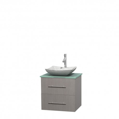 24 inch Single Bathroom Vanity in Gray Oak, Green Glass Countertop, Avalon White Carrera Marble Sink, and No Mirror