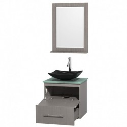 24 inch Single Bathroom Vanity in Gray Oak, Green Glass Countertop, Arista Black Granite Sink, and 24 inch Mirror