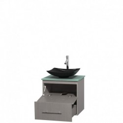 24 inch Single Bathroom Vanity in Gray Oak, Green Glass Countertop, Arista Black Granite Sink, and No Mirror