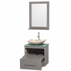 24 inch Single Bathroom Vanity in Gray Oak, Green Glass Countertop, Arista Ivory Marble Sink, and 24 inch Mirror