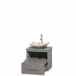 24 inch Single Bathroom Vanity in Gray Oak, Green Glass Countertop, Arista Ivory Marble Sink, and No Mirror