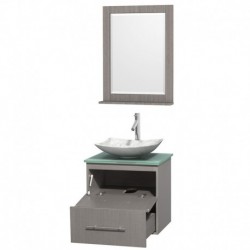 24 inch Single Bathroom Vanity in Gray Oak, Green Glass Countertop, Arista White Carrera Marble Sink, and 24 inch Mirror