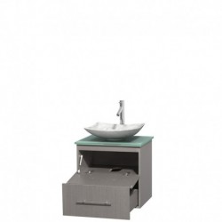 24 inch Single Bathroom Vanity in Gray Oak, Green Glass Countertop, Arista White Carrera Marble Sink, and No Mirror