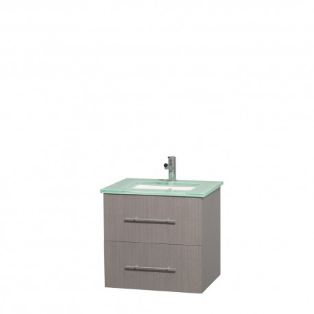24 inch Single Bathroom Vanity in Gray Oak, Green Glass Countertop, Undermount Square Sink, and No Mirror