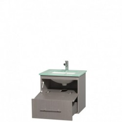 24 inch Single Bathroom Vanity in Gray Oak, Green Glass Countertop, Undermount Square Sink, and No Mirror