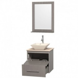 24 inch Single Bathroom Vanity in Gray Oak, Ivory Marble Countertop, Pyra Bone Porcelain Sink, and 24 inch Mirror