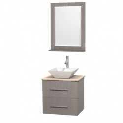 24 inch Single Bathroom Vanity in Gray Oak, Ivory Marble Countertop, Pyra White Porcelain Sink, and 24 inch Mirror