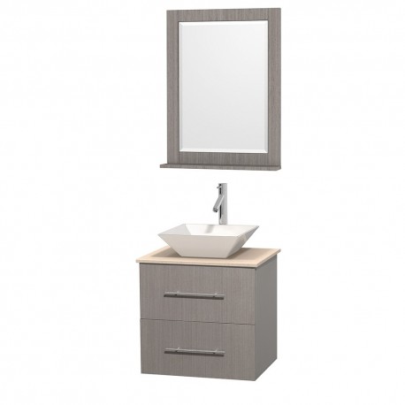 24 inch Single Bathroom Vanity in Gray Oak, Ivory Marble Countertop, Pyra White Porcelain Sink, and 24 inch Mirror
