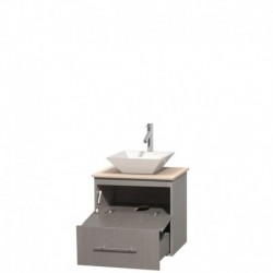 24 inch Single Bathroom Vanity in Gray Oak, Ivory Marble Countertop, Pyra White Porcelain Sink, and No Mirror
