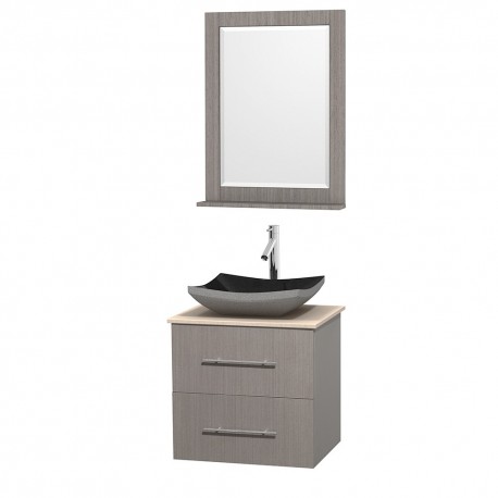24 inch Single Bathroom Vanity in Gray Oak, Ivory Marble Countertop, Altair Black Granite Sink, and 24 inch Mirror