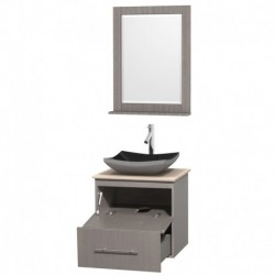 24 inch Single Bathroom Vanity in Gray Oak, Ivory Marble Countertop, Altair Black Granite Sink, and 24 inch Mirror