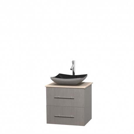 24 inch Single Bathroom Vanity in Gray Oak, Ivory Marble Countertop, Altair Black Granite Sink, and No Mirror