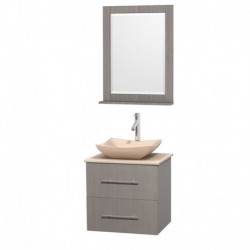 24 inch Single Bathroom Vanity in Gray Oak, Ivory Marble Countertop, Avalon Ivory Marble Sink, and 24 inch Mirror