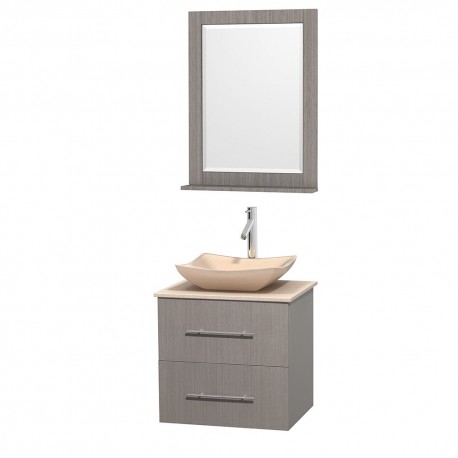 24 inch Single Bathroom Vanity in Gray Oak, Ivory Marble Countertop, Avalon Ivory Marble Sink, and 24 inch Mirror