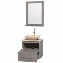 24 inch Single Bathroom Vanity in Gray Oak, Ivory Marble Countertop, Avalon Ivory Marble Sink, and 24 inch Mirror