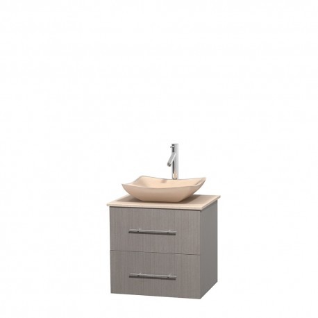 24 inch Single Bathroom Vanity in Gray Oak, Ivory Marble Countertop, Avalon Ivory Marble Sink, and No Mirror