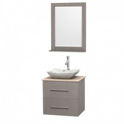 24 inch Single Bathroom Vanity in Gray Oak, Ivory Marble Countertop, Avalon White Carrera Marble Sink, and 24 inch Mirror