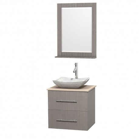 24 inch Single Bathroom Vanity in Gray Oak, Ivory Marble Countertop, Avalon White Carrera Marble Sink, and 24 inch Mirror