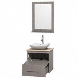 24 inch Single Bathroom Vanity in Gray Oak, Ivory Marble Countertop, Avalon White Carrera Marble Sink, and 24 inch Mirror